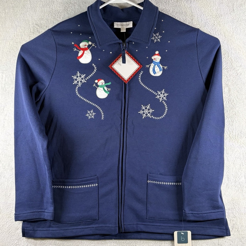Breckenridge Womens XL Christmas Snowman Fleece Cardigan Jacket NWT Navy